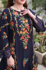 ASIM JOFA-3PC DHANAK EMBROIDERED SHIRT WITH COURTRAI PRINTED SHAWL & TROUSER - 676