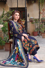 ASIM JOFA-3PC DHANAK EMBROIDERED SHIRT WITH COURTRAI PRINTED SHAWL & TROUSER - 676