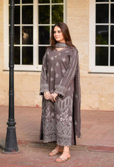 LIBAAS - 3PC DHANAK EMBROIDERED SHIRT WITH DHANAK EMBROIDERED SHAWL AND TROUSER - 681
