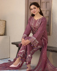 Dhanak-3PC Embroidered Shirt with Chiffon Embroidered Dupatta-1321W
