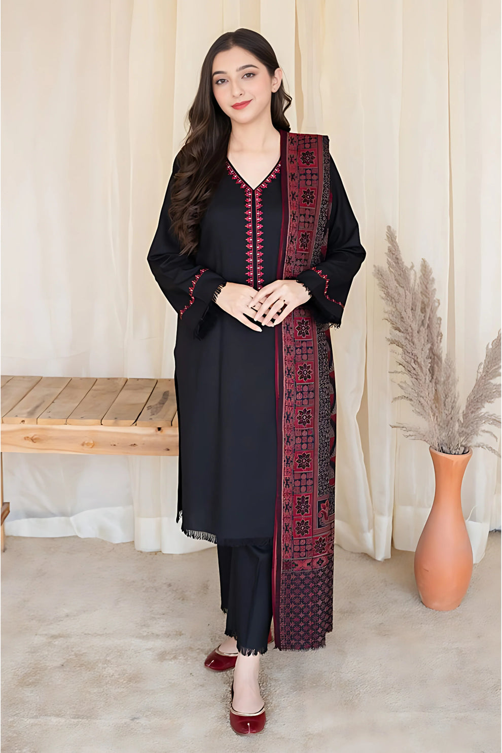 3 Piece Dhanak Shirt with Printed Wool Shawl bc 835