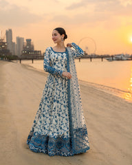 FAIZA SAQLAIN  3PC LAWN EMBROIDERED SHIRT WITH NET EMBROIDERED DUPATTA AND TROUSER V718