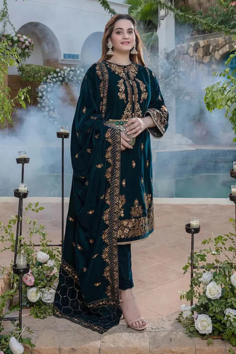 AZURE VELVET 3PC EMBROIDERED WITH VELVET EMBROIDERED DUPATTA- 265