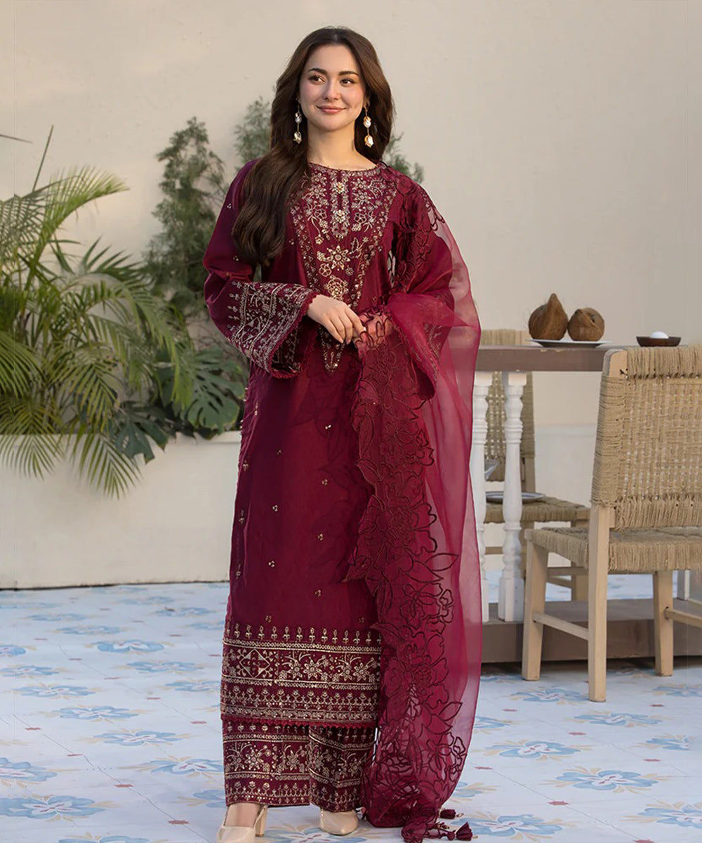 Lawn-3PC Embroidered Shirt with Organza Embroidered Dupatta V1351