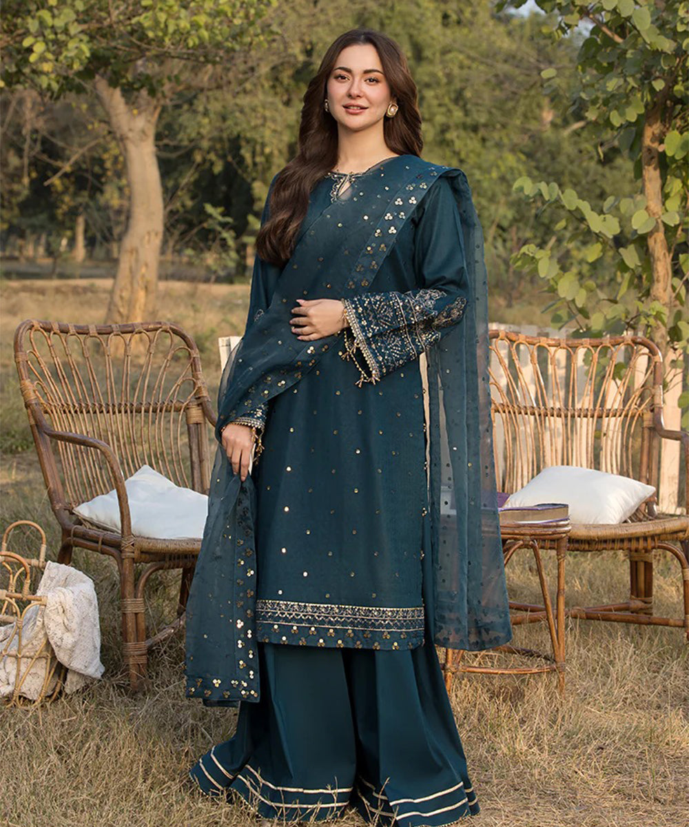 Lawn-3PC Embroidered Shirt with Organza Sequence Embroidered Dupatta V1350