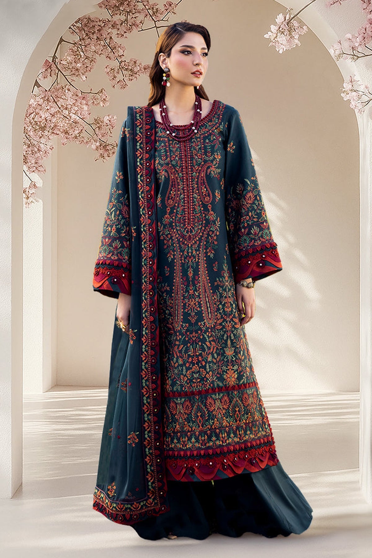ASIM JOFA-3PC DHANAK EMBROIDERED SHIRT WITH DHANAK EMBROIDERED SHAWL AND TROUSER - 677