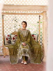 MAHNUR - 3PC DHANAK EMBROIDERED SHIRT WITH DHANAK EMBROIDERED SHAWL AND TROUSER - MR 590