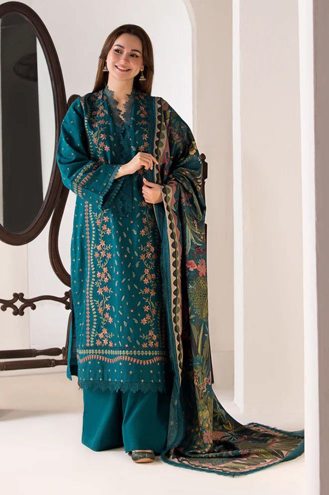 3 Piece Embroidered Dhanak Shirt with Printed Wool Shawl SN61-D