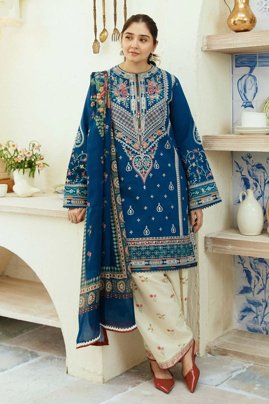 3 Piece Embroidered dhanak Shirt and Trouser with Printed Poly Lawn Dupatta ZS50-D