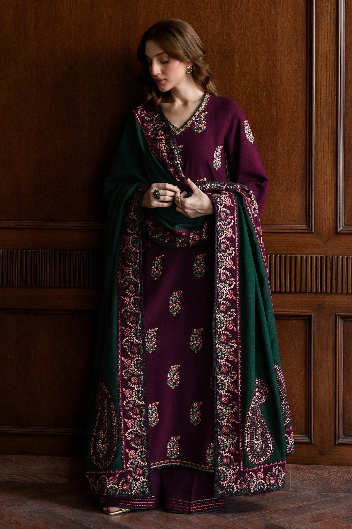 '-3PC LAWN  EMBROIDERED SHIRT WITH Lawn  EMBROIDERED SHAWL AND TROUSER- 678