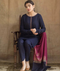 3 Piece Dhanak Shirt with Printed Wool Shawl AG 1115